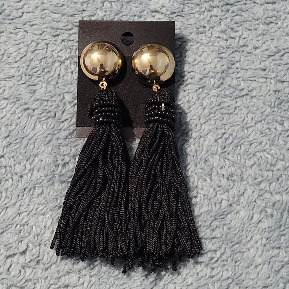 Elegant Gold and Black Tassel Earrings